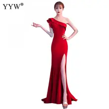 Женское сексуальное красное вечернее платье на одно плечо с рюшами, вечерние платья для выпускного вечера, элегантное облегающее Клубное платье в пол с разрезом сбоку