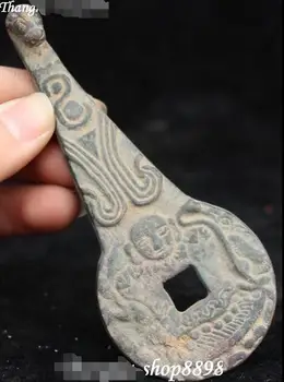 

Old China Ancient Bronze Antique Coin Buddha Head Pipa Shape Dragon Hook Statue