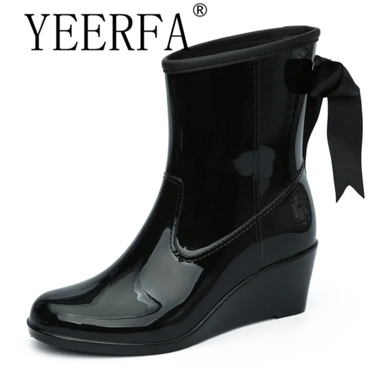 

YIERFA 2018 Fashion Elastic Band Solid Women Rain Boot Waterproof Women Boots Rubber Low Heel Shoes SIZE 36-39
