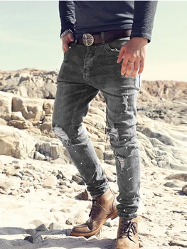 

Men Autumn Washed Hip Hops Grey Retro Ripped Holes Jeans Men's New Slim Fashion European Style Brand Design Pants Jeans K851