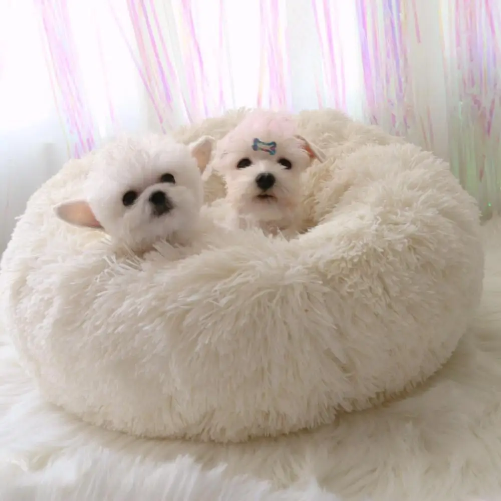 Кровати для собак, роскошные круглые домики, Длинная шерстяная теплая мягкая кровать для кошек, моющаяся подушка для собак, полотенца - Цвет: White