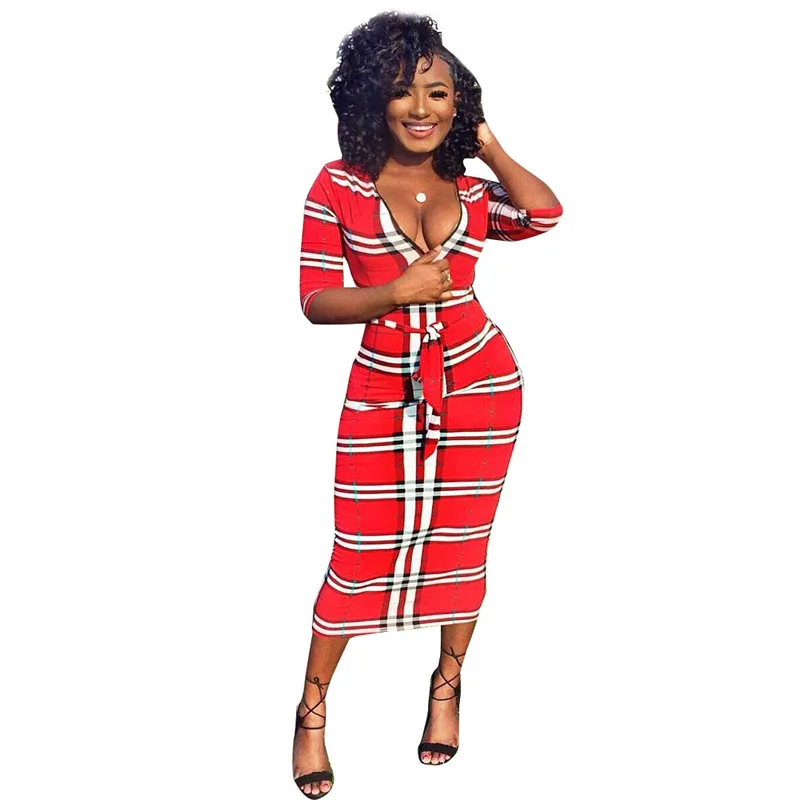 

Women Elegant Sundress 2018 Casual Party Club Slim High Waist Stretch Bodycon Red and White Striped African Midi Dress 408121