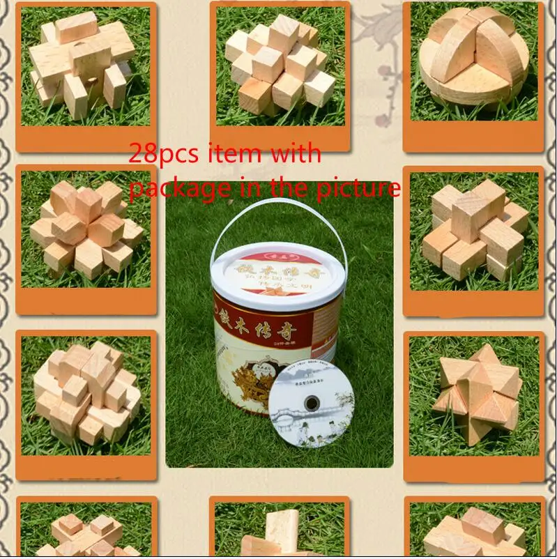 

28PCS/LOT Wood Metal Puzzles CD Toys Classic IQ 3D Interlocking Burr Puzzles Mind Brain Teaser Game Toy Small Size