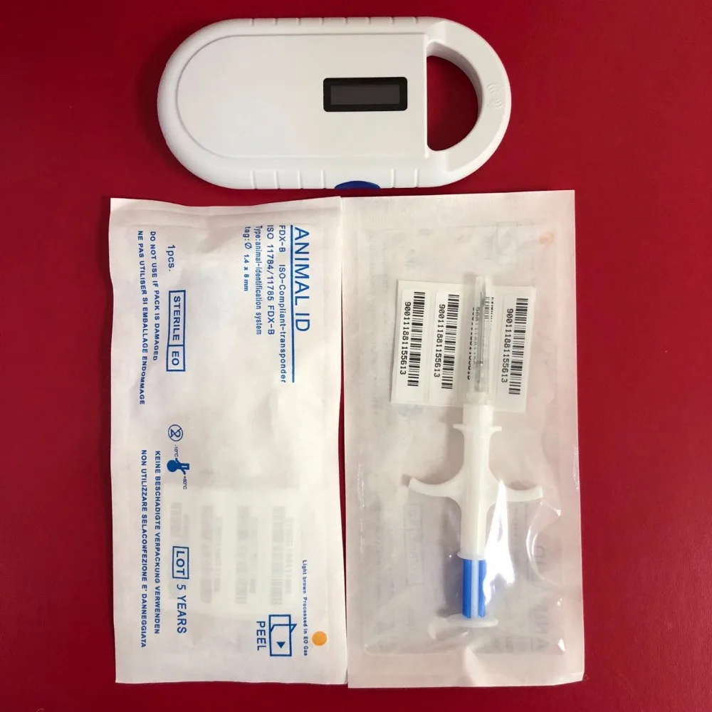

ISO FDX-B ID64 RFID Microchip Dog Reader Portable Scanner with 2 pcs syringe1.4*8mm for Pets Management