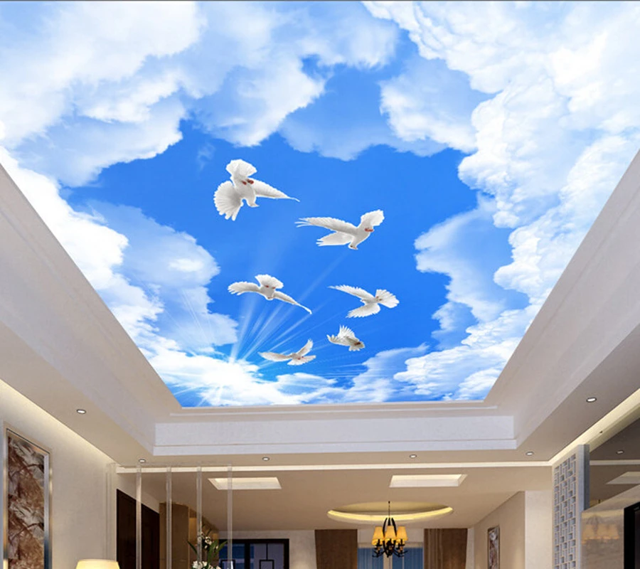 カスタム天井壁紙 青い空と白い雲壁画のリビングルームアパート天井背景壁ビニール壁紙 Aliexpress