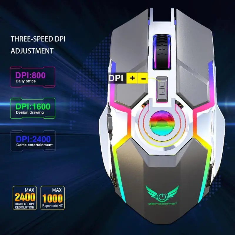 Hxsj ZERODATE-T30 мышь 2,4G беспроводная мышь RGB 2400 dpi регулируемая перезаряжаемая мышь для Windows 98/Me/2000/XP/Vista/Win7/8/10