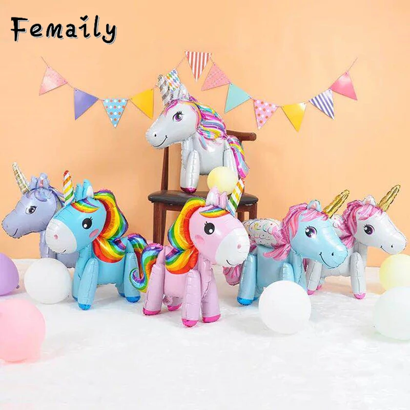 

1pcs 3D DIY cute rainbow unicorn foil balloons Pink Blue Purple Unicorn Stand Balloons Wedding Birthday party Decor Kids toys