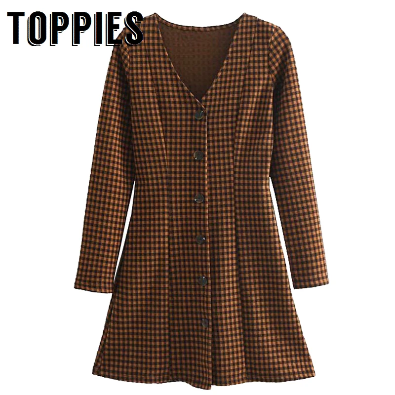

Vintage Plaid Sheath Dress High Waist V Neck Slim Mini Dress Long Sleeve Single Breasted
