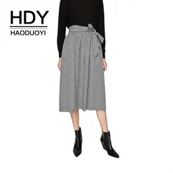 HDY Haoduoyi для женщин юбка средней длины, в пол пледы юбки для Высокая талия с поясом клетчатая юбка Хлопок Осень элегантная юбка