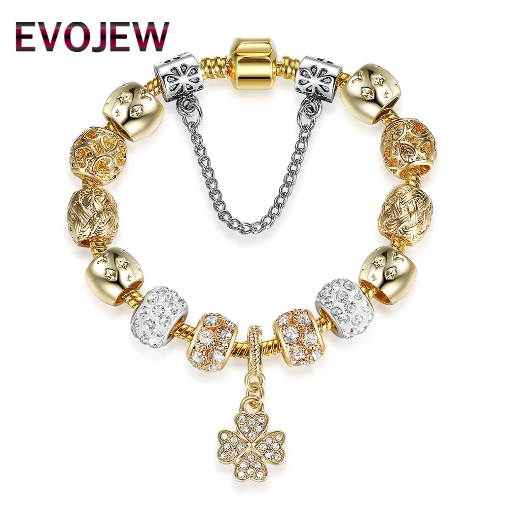 EVOJEW Original Authentic Luxury Gold Color Lucky Clover Charm Bracelet