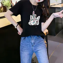 2019 женские летние футболки с короткими рукавами, Топ Harajuku, футболка с мультяшным принтом, хлопковая Футболка Ulzzang, женская футболка