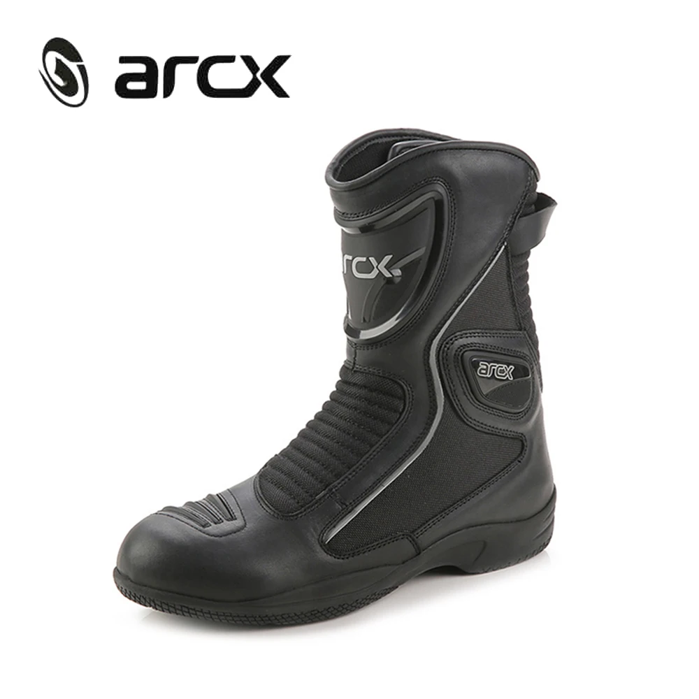 ARCX/ботинки из натуральной коровьей кожи в байкерском стиле для шоссейных гонок; Уличная обувь для мотогонок; Chopper Cruiser; прогулочная Байкерская обувь для верховой езды до середины икры - Цвет: Черный