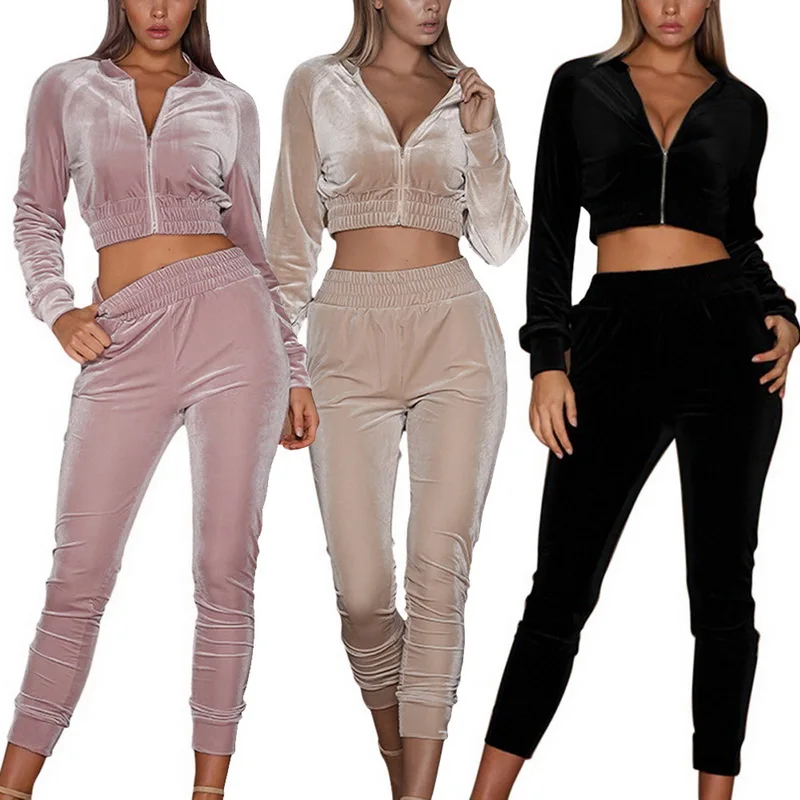 

Sexy 2 Pieces Women Tracksuit Zipper Sportswear Long Sleeve Crop Top+Long Pant Leisure Sweat Suit Gym Fitness Running Set