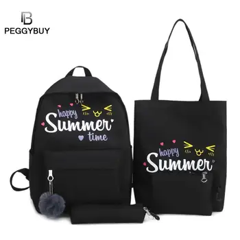 

4pcs/set Women Backpack Letter Print Canvas Shoulder Bags For Teenager Girls Preppy Style Rucksack Cute Book Bag Mochila Feminin