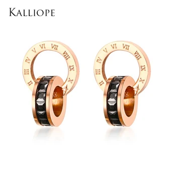 

2019 new arrival 17.5MM stainless steel black CZ stone Roman numerals earrings fashion lady bijoux accessories women