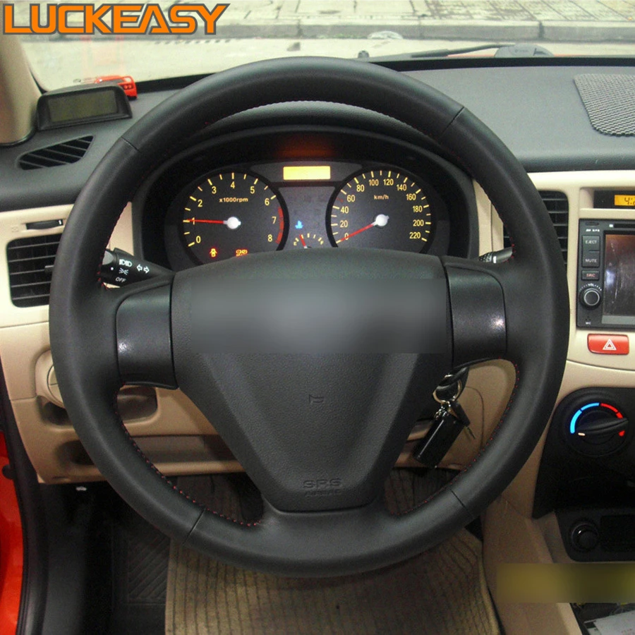 Black Leather Hand stitched Car Steering Wheel Cover for 2005 2009 Kia