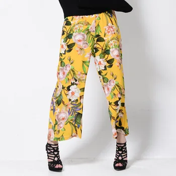 

High quality 2016 Ethnic Floral print Wide Leg Pants Women Vintage Flower Print Full Length Trousers Femme Casual Pants 2 Color