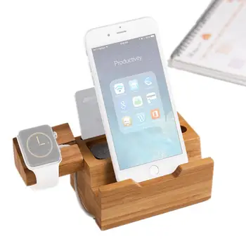 

New Bamboo Wood Mobile Phone Watch Charging Station Charging Stand Built-in 3-port USB Charger For IPhone IWatch