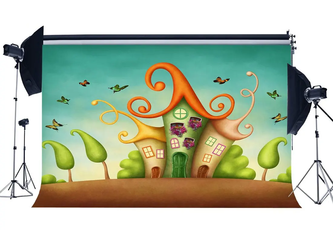 

Fairytale Backdrop Dreamy House Magic Trees Fresh Flowers Butterfly Fantasy Photography Background