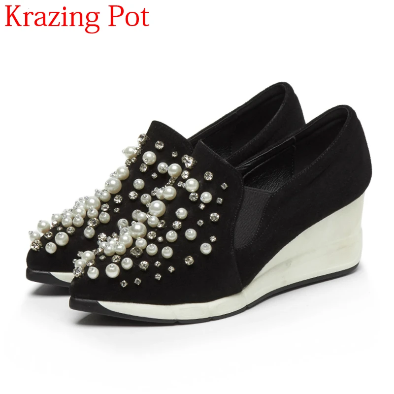 

2018 New Arrival Cow Suede Platform Loafer Wedge Sneakers Beading Pointed Toe Slip on Pearl High Heel Women Vulcanized Shoes L56