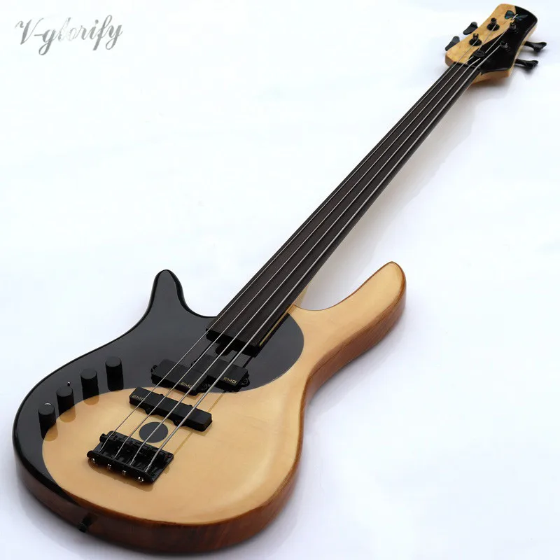 left hand fretless active 4 string bass guitar black & white color