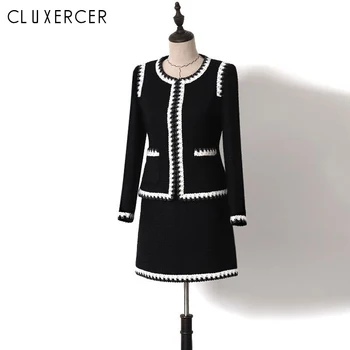 

High Quaulity Two Piece Set Women Tweed Jacket Coat + Mini Skirt Suits Spring Autumn Office Lady Skirt Set