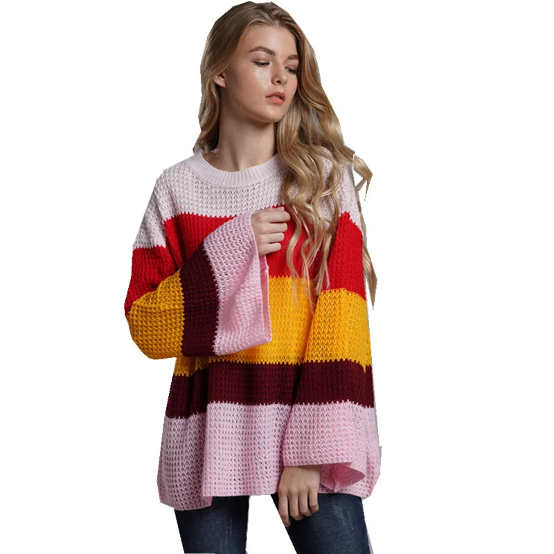 Sweater Mujer Invierno 2019 Rainbow Stripe Sweater Flare Sleeve Pull Femme Sweater Cashmere Knitted Loose Sweaters Tops E1947 Sweater Mujer Invierno 2019 Rainbow Stripe Sweater Flare Sleeve Pull Femme Sweater Cashmere Knitted Loose Sweaters Tops E1947