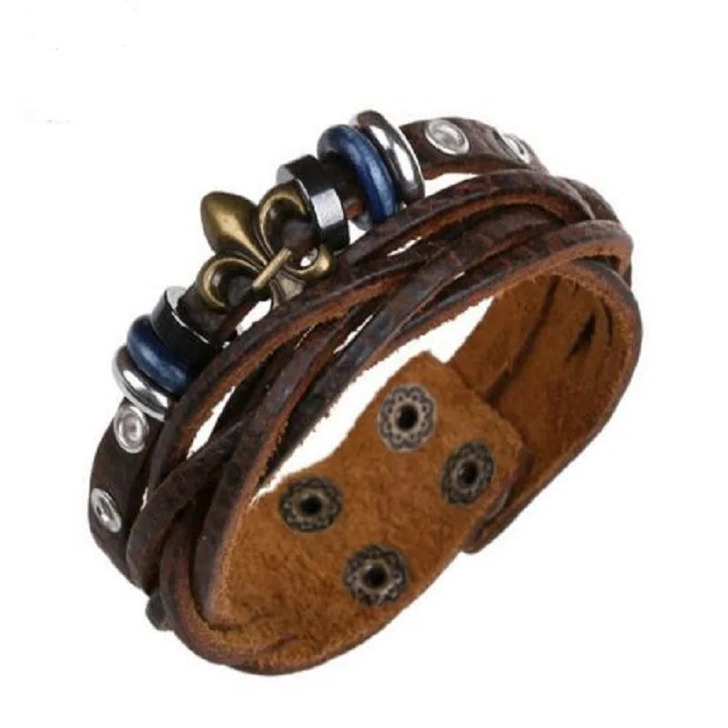 

Cool Double Layers Wide Cow Leather Charm Bracelet Hand Made Braided Soft Leather Flower Studded Bracelets Bronze Buckle Bangles