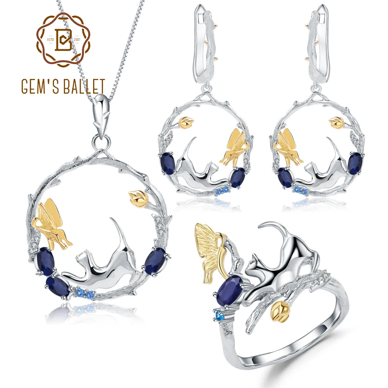 GEM'S BALLET 925 Sterling Silver Ring Earrings Pendant Sets Natural Blue Sapphire Handmade Cat & Butterfly Jewelry Set For Women