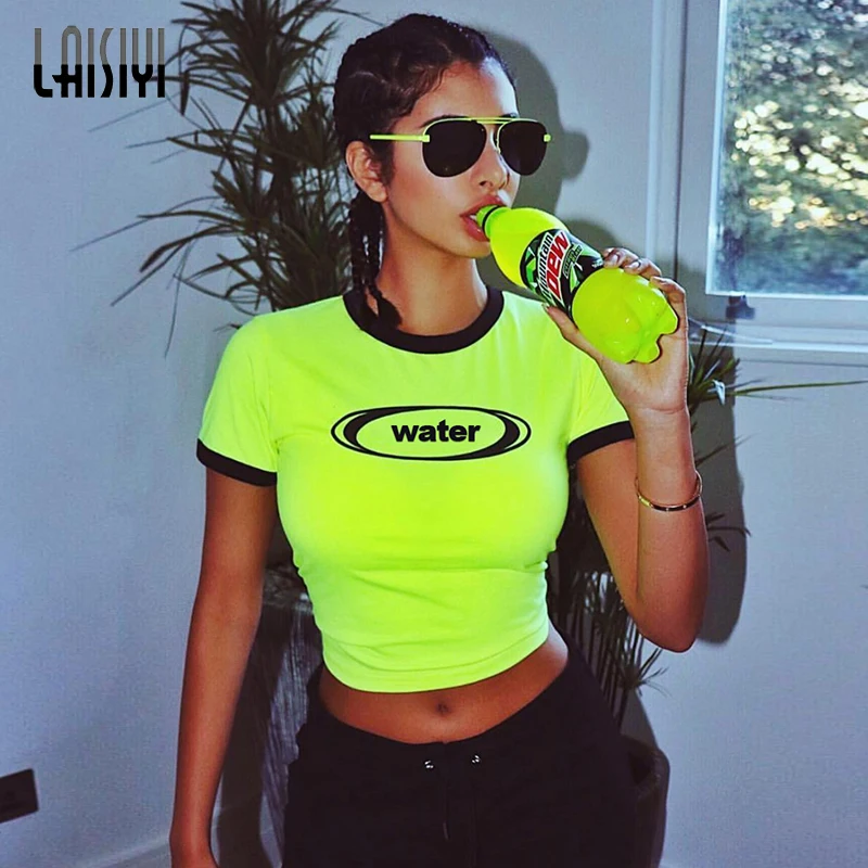

LAISIYI 2019 New Women's Sexy Clothing Short Paragraph Midriff-Baring Printed WATER Fluorescent Color Blouse Slim Women Sexy Set