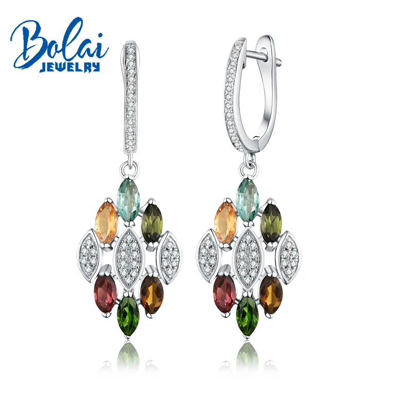 

Bolaijewelry,High quality fancy color tourmaline earrings with chains in 925 sterling silver gemstone jewelry best gift for lady