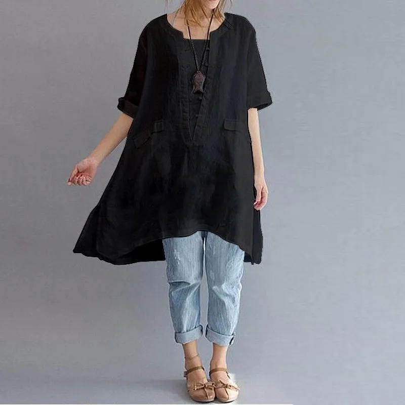 Женская хлопковая льняная Блузка Boho Свободная Повседневная футболка Асимметричные ярусные Топы