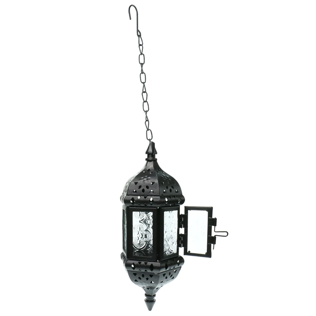 2 Pieces Iron Chain Hanging Glass Candlestick Candle Holder Lantern Lamp Black