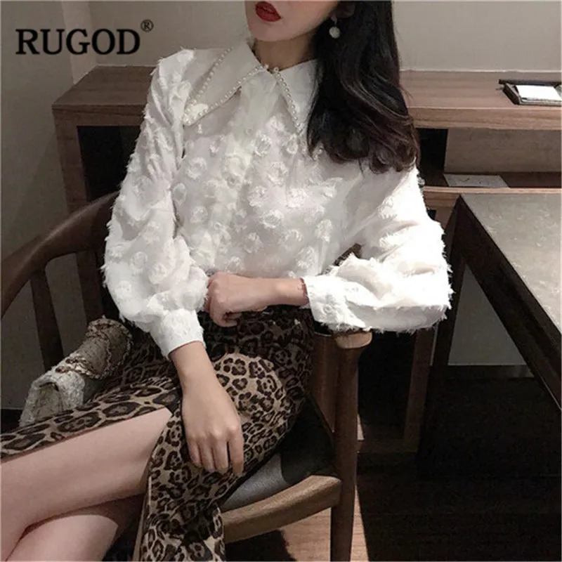 

RUGOD Spring elegant two piece set top and pants pearl Beading turn-down collar white blouses&Leopard print split bodycon skirts