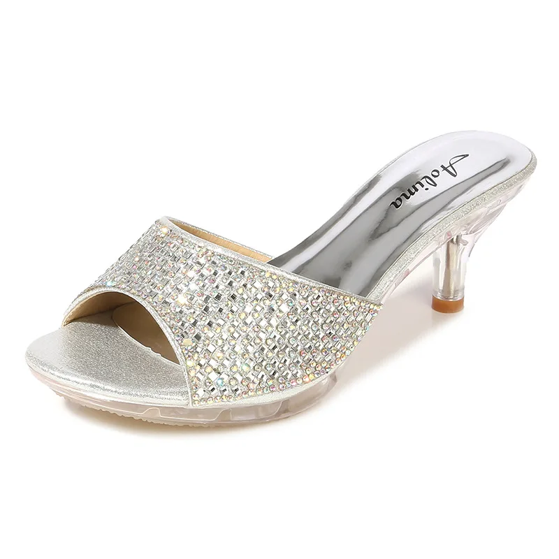 

2019 new summer gold high heels fashion fish mouth rhinestone sandals women