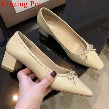 

2019 New fashion superstars full grain leather handmade chunky med heels bowtie slip on pumps office lady square toe shoes L08