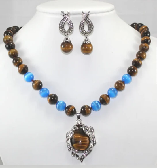 

Tiger's Eye Natural stone pendant necklace Earring Set 18''