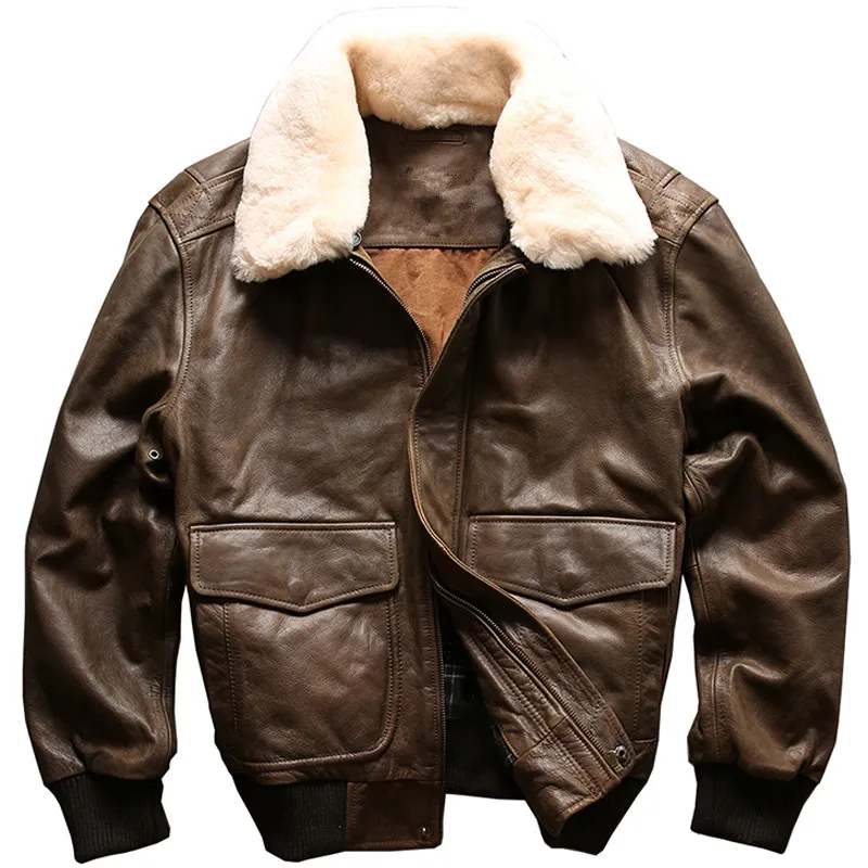 

FREE SHIPPING 2019 Brown USAF A2 Pilot Leather Jacket Wool Collar Genuine Thick Cowhide Winter Russian Leather Aviator Coat XXL