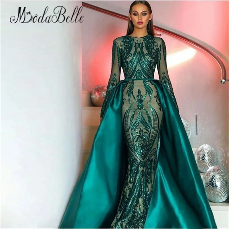 

Modabelle Elegant Long Sleeve Mermaid Evening Dresses 2018 Dubai Kaftan Muslim Dark Green Glitter Fabric Formal Prom Party Gowns