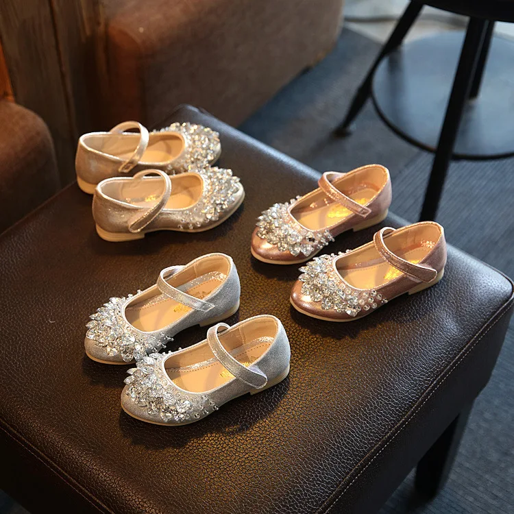 

Korean Style Girls Luxury Beautiful PU Leather Sequin Crystal Shoes Princess Dance Performance Party Shoes Anti-slip Soft Sole