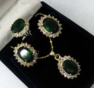 

Green Zircon Crystal Earrings & Ring & Necklace Pendant Set >^^1>18K gold plated watch Quartz stone CZ crystal