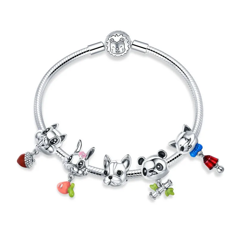 

100% 925 Sterling Silver Animal Zoo French Bulldog Rabbit Panda Bracelets & Bangles for Women Silver Jewelry SCB808