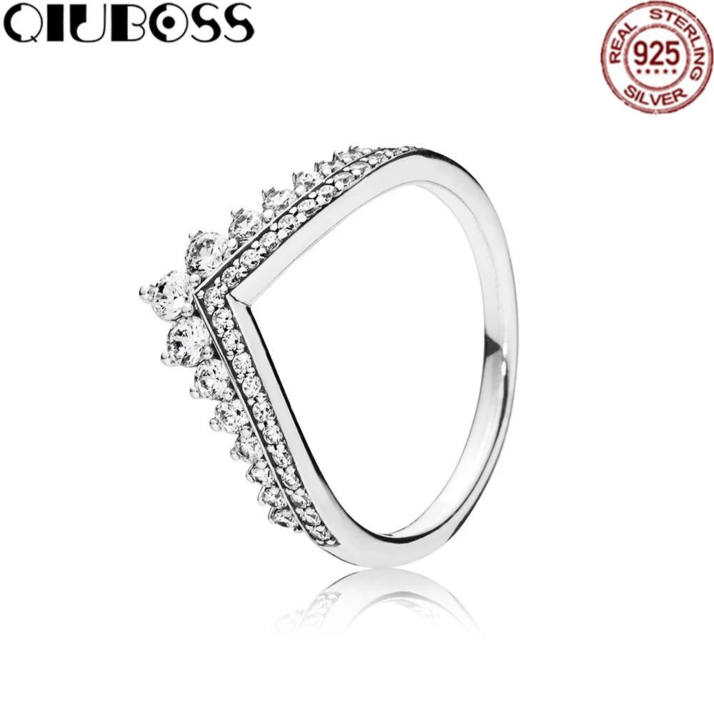 

QIUBOSS 2018 NEW S925 Silver Rings Princess Wish Ring, Clear CZ Fit DIY Charm Original Female pop Jewellery