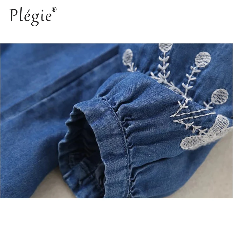 Женские топы и блузки Plegie 2018 Женская Джинсовая блузка с цветочной вышивкой