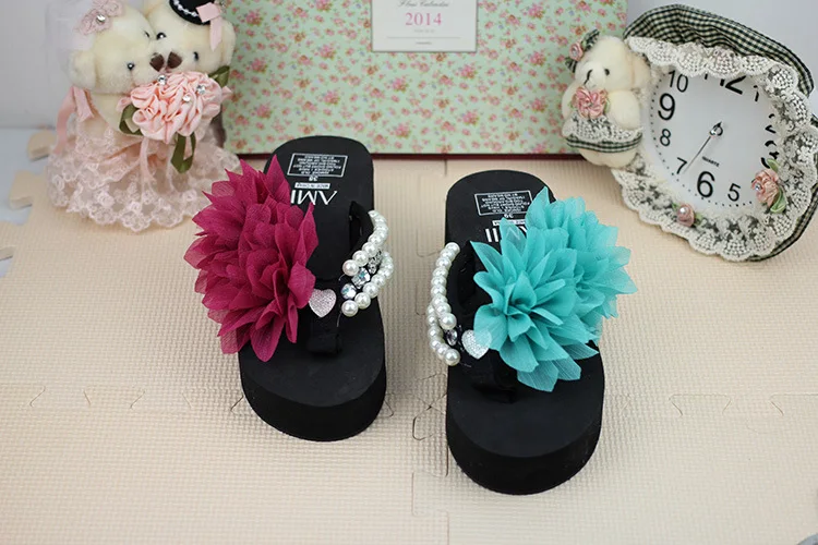 Chiffon Flowers Female Slippers Online Summer 2019 Beach Shoes Non-slip Flip Flops Wedge Platform45