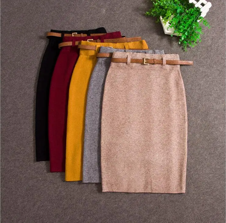 

2018 Autumn winter Casual Women High Waist Knee-length Knitted Pencil Skirt prom office slim Long Skirts High Quality Skirts
