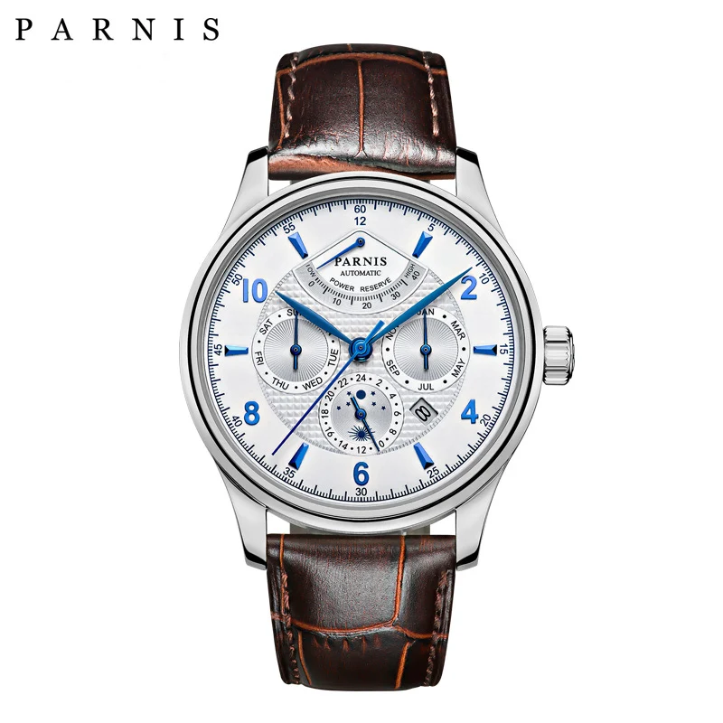 Повседневные механические мужские часы Parnis 42 мм с синим циферблатом Miyota 9100 Автоматическая Дата фаза Луны автоматические мужские наручные часы Мужские часы - Цвет: power reserve2