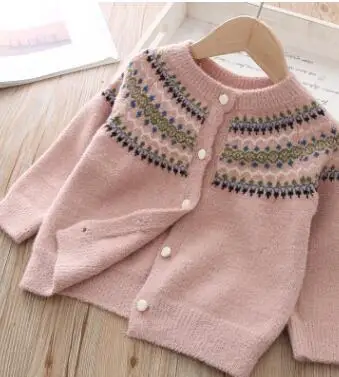 Кардиган для девочек; пальто; осень года; детский вязаный свитер; одежда принцессы в национальном стиле; Модный милый детский свитер - Цвет: Розовый