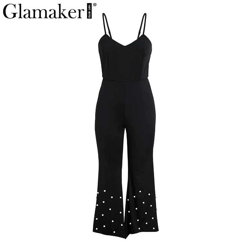 Glamaker Red pearl elegant sexy jumpsuit rompers Women bodycon backless party jumpsuit Spring feme casual long playsuit overalls