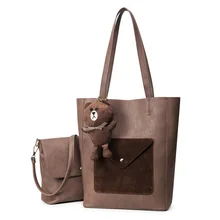 2016 new winter women handbag scrub pu leather composite bag casual fashion totes shoulder bag bear pendant messenger bags